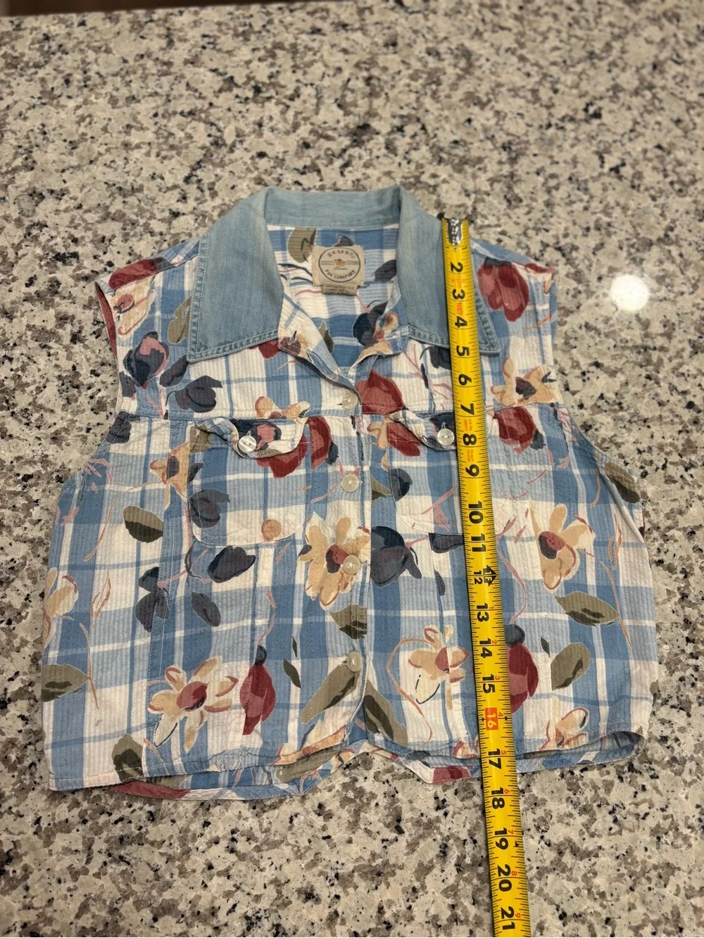 Vintage 90s Cropped Gingham Floral Patchwork Vest Retro Denim Women’s L - Picture 7 of 8